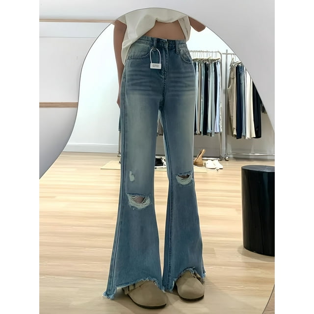 Irregular Ripped Micro-blared Jeans Women‘s Summer New High Waist Slim-fit Slim-fit Small High-flared Trousers