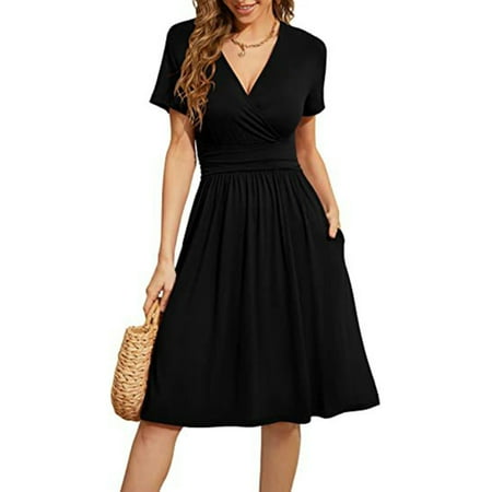 

Casual Women s Summer Dress with Pockets V-Neck Short Sleeve Midi Dress for Dating Shopping Solid Color Breathable Women s Skirt V-Neck S Black