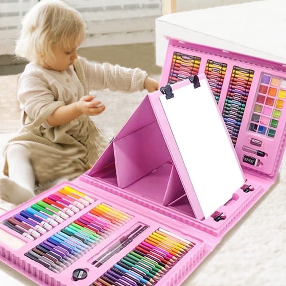 SOFTGAS 208 PCS Art Supplies, Drawing Art Kit for Kids Adults Art Set with Double Sided Trifold Easel, Oil Pastels, Crayons, Colored Pencils, Watercolor Pens Gift for Girls Boys Artist,Pink