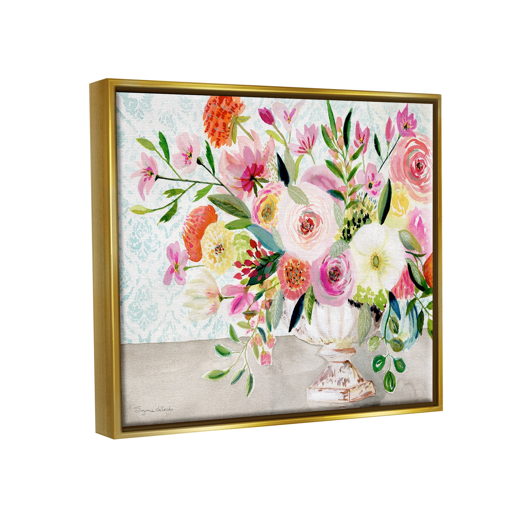 Stupell Industries Pink & Red Peonies Ornate Vase Botanical & Floral Painting Gold Floater Framed Art Print Wall Art