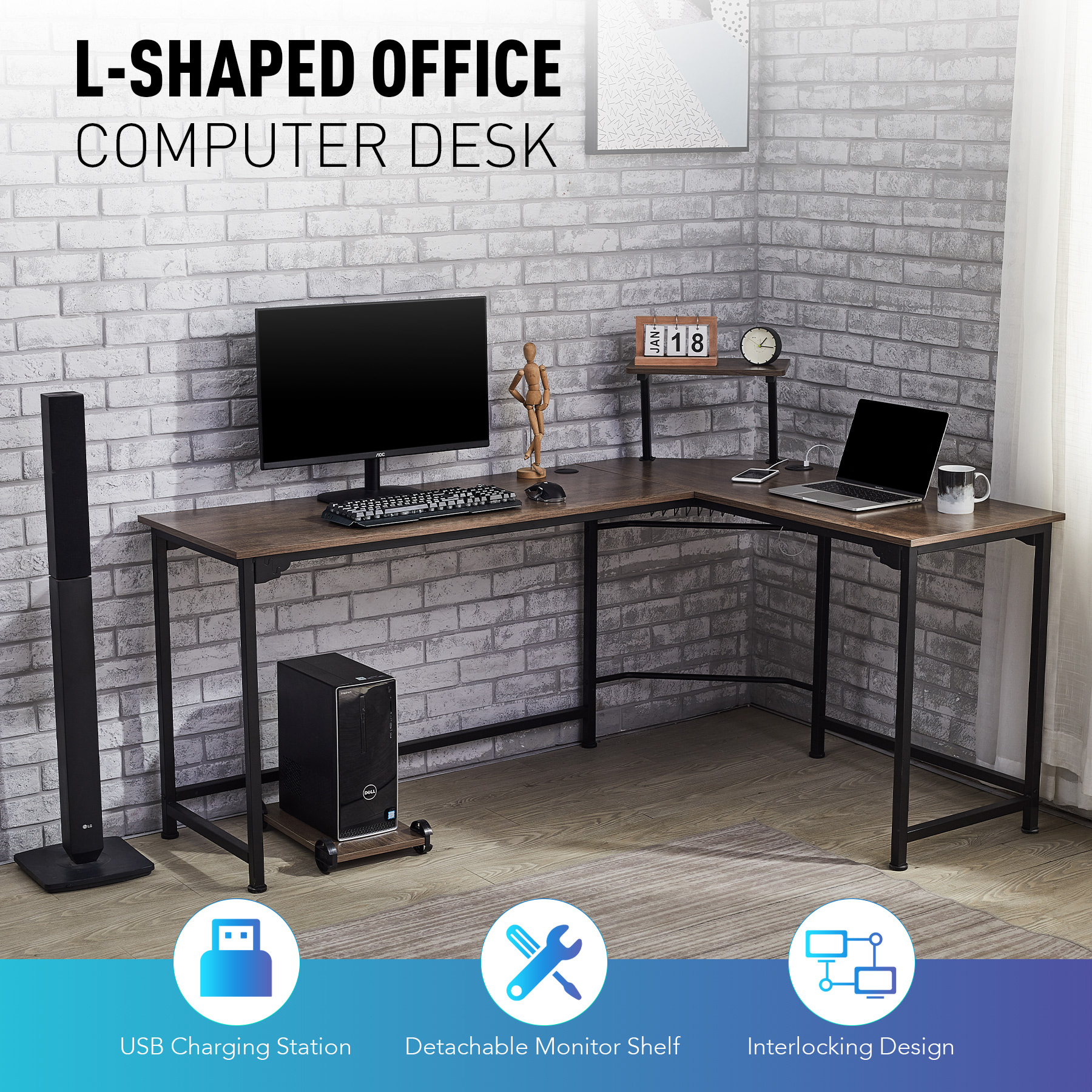 L Shaped Computer Desk with Tower Shelf USB Ports & Cable Management