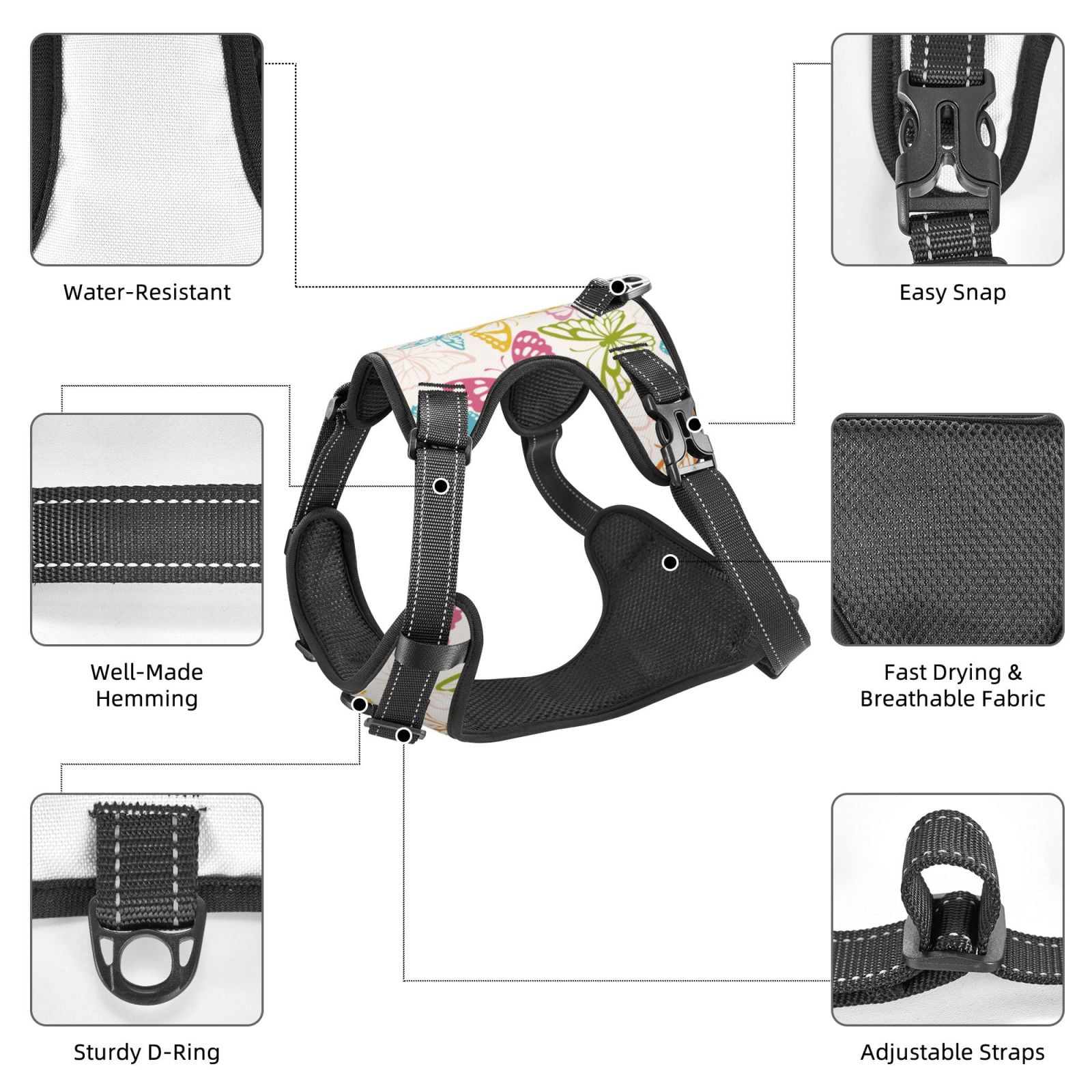 Kdxio Retro Colorful Butterfly Print No Pull Dog Harness Adjustable Reflective Oxford Easy Control Medium Large Dog Harness for Training and Everyday-Large