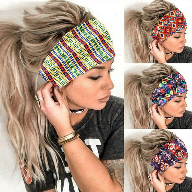 ekstremt blåhval Hensigt Boho Bandeau Headbands Wide Knot Hair Scarf Floral Printed Hair Band  Elastic Turban Thick Head Wrap Stretch Fabric Cotton Head Bands Thick  Fashion Hair Accessories for Women Pack of 4 (Boho) -