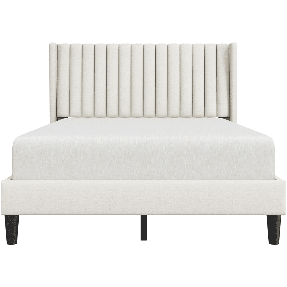 Fullfurnique Lit Rembourré avec Tête de Lit à Oreilles Design a Cannelures, Taille Queen, Ivoire