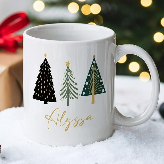 Personalized Christmas Tree Coffee Mug, White Ceramic With Gold Accents, Custom Name, Gift For Friends, Coworkers, 11oz