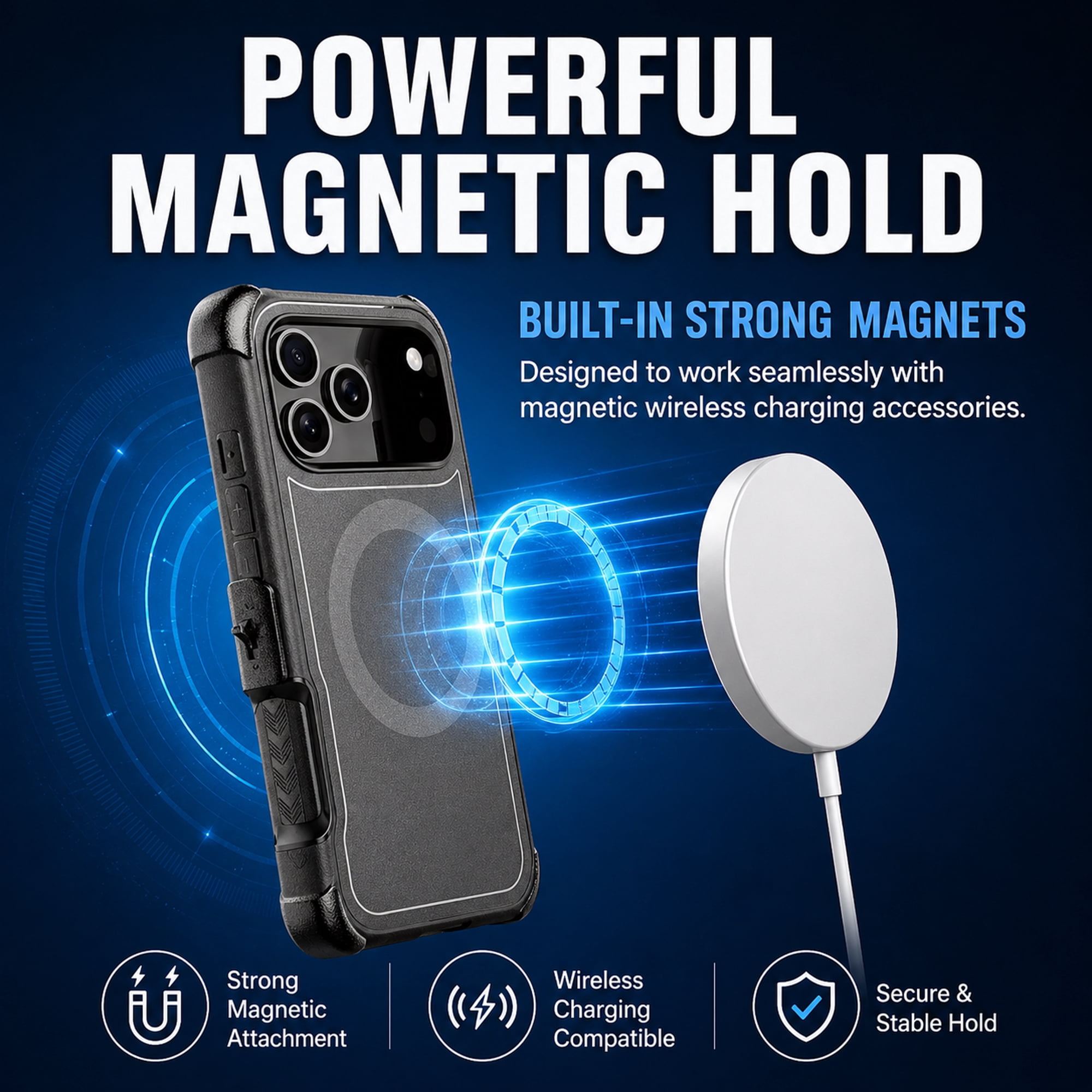 Hybrid Rugged Case with Detachable Belt Clip Holster and Tempered Glass Screen Protector, Magnetic Charging-Compatible, Black, Compatible with iPhone 17 Pro Max