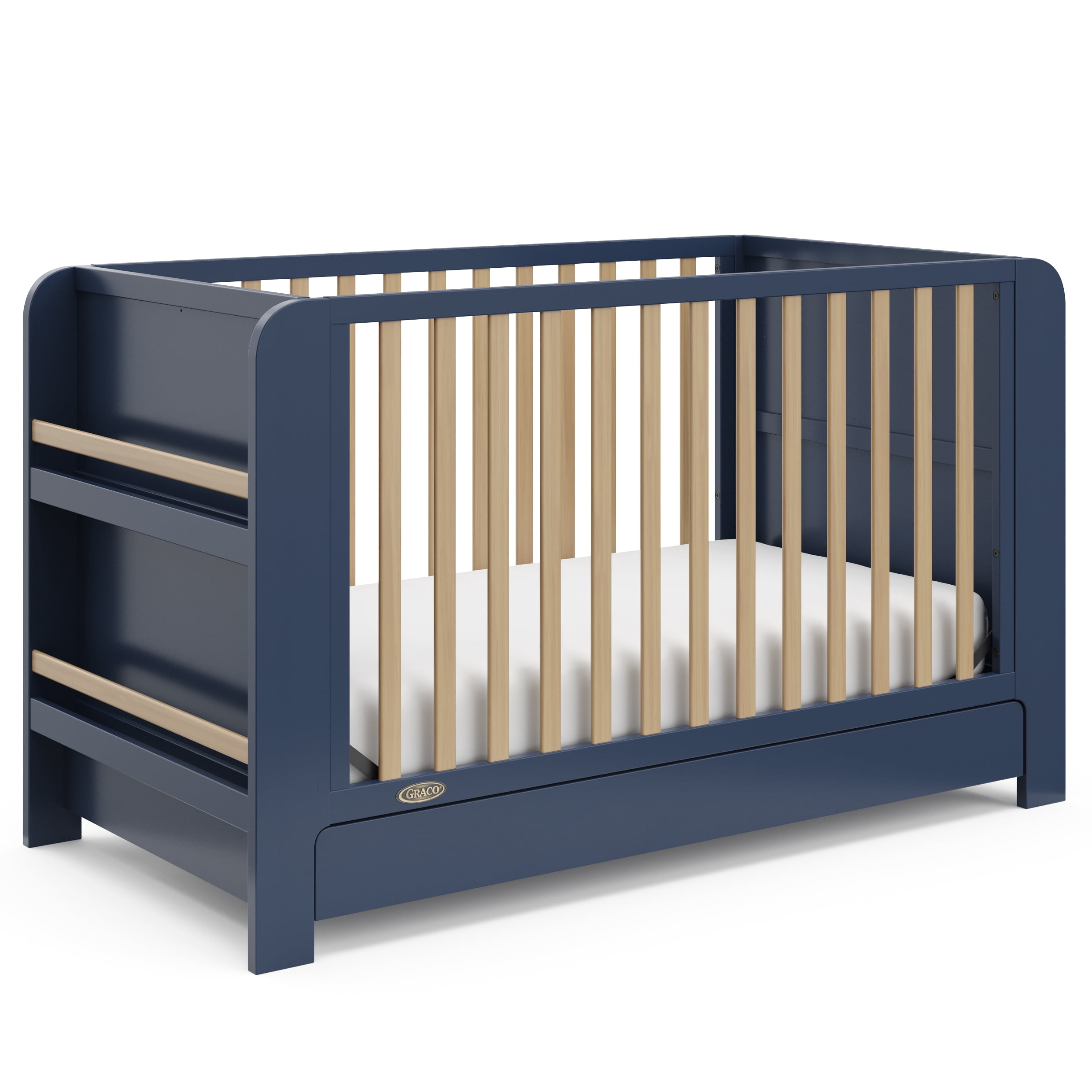Graco Read-with-Me 4-in-1 Convertible Baby Crib with Drawer, Midnight Blue with Driftwood