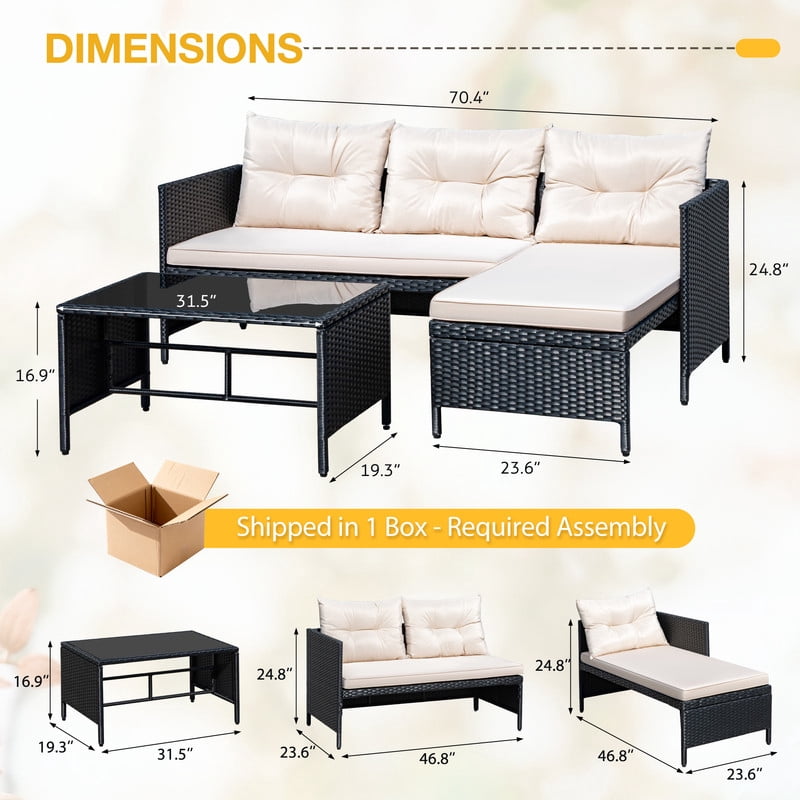 Lacoo 3 Pieces Patio Furniture Conversation Set All-Weather Wicker Rattan Outdoor Furniture Set with Tempered Glass Coffee Table for Backyard