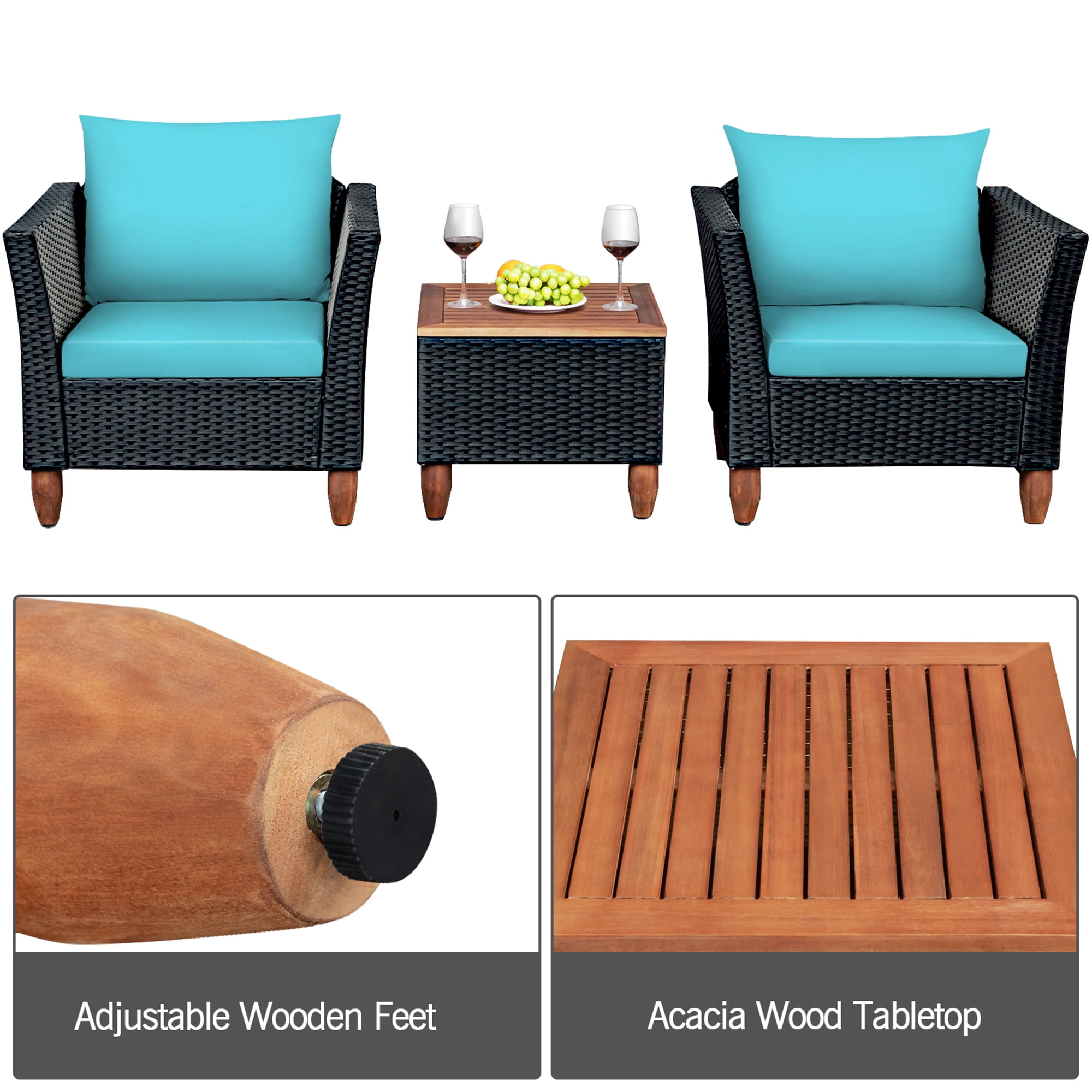 Gymax Fashion 3PCS Patio Rattan Conversation Furniture Set Yard Outdoor w/ Turquoise Cushions
