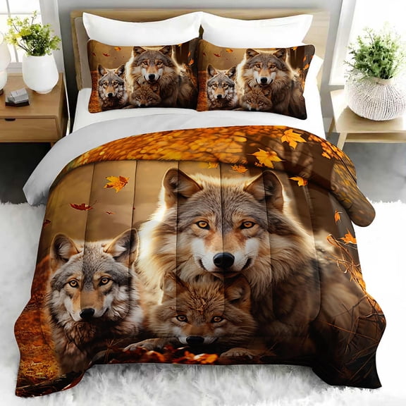 3pcs Wolf Family Autumn Leaves Comforter Set, Realistic Wildlife Bedding Set for Bedroom or Guest Room Decor, All Seasons Quilt Machine Washable Duvet with 2 Pillowcases