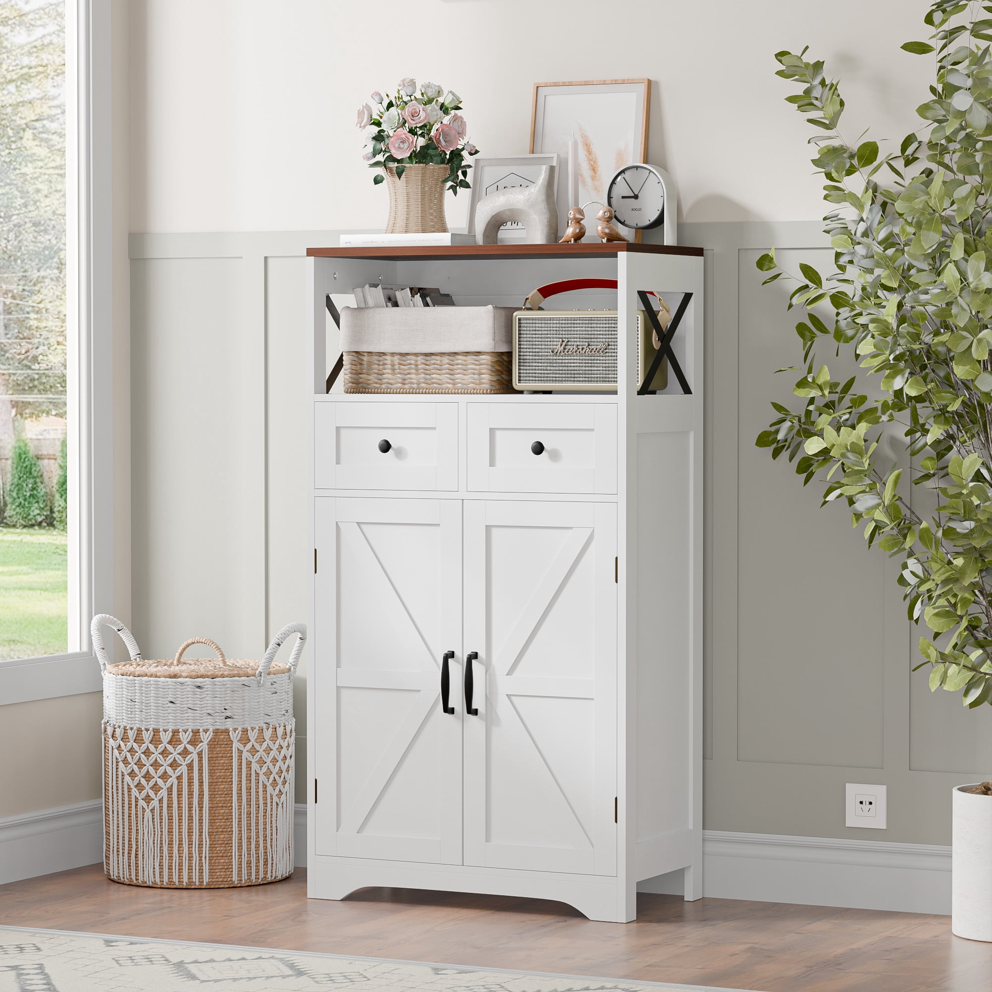 HomGarden Floor Storage Cabinet Large Farmhouse Kitchen Pantry Cabinet W/Drawers & Doors & Shelves for Home, Bathroom, Entryway, Living Room, White