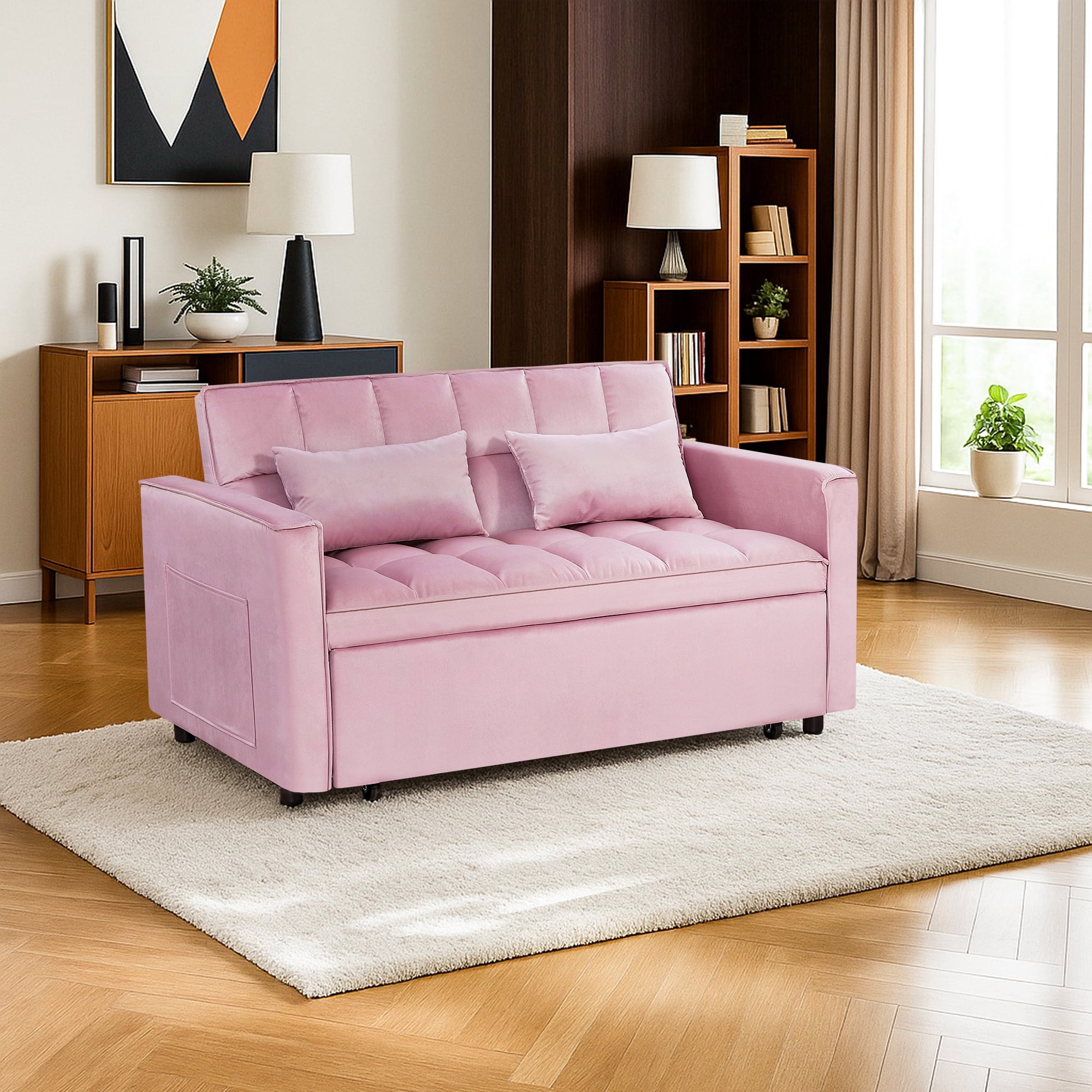 Demi Bonn 3 in 1 Convertible Sleeper Sofa Bed with Side Pocket, Adjustable Backrest Velvet Futon Couches for Living Room, Pull Out Couch, Loveseat, Pink