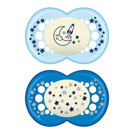 MAM Glow In the Dark Pacifiers, Baby Pacifier 6+ Months, Best Pacifier for Breastfed Babies, 'Night’ Design Collection, Boy, 2-Count