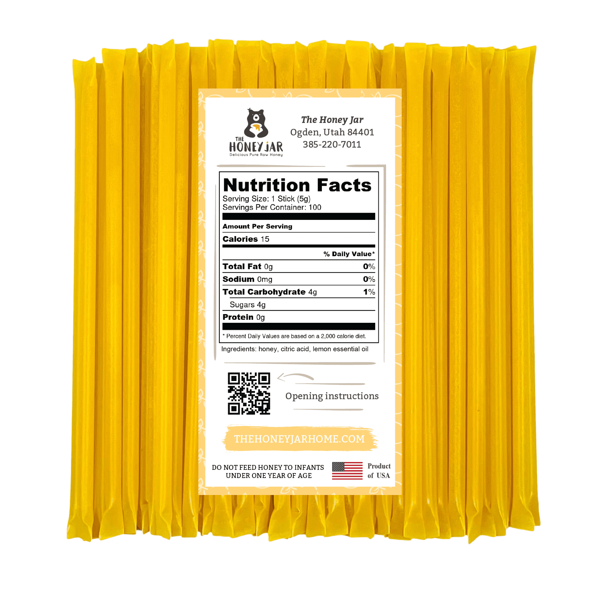 The Honey Jar - Lemon Flavored Honey Sticks - 100 Count Package
