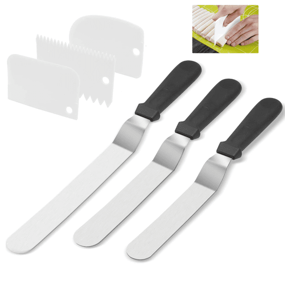 3Packs Offset Spatula, Stainless Steel Cake Icing Spatula Set 6” 8” 10” with Wooden Handle and 3x Cake Smoother Scraper Set for Cake Decorating,Baking