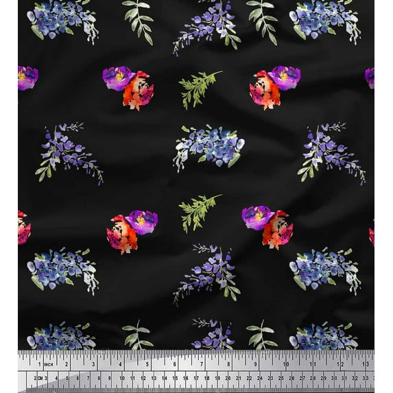 Soimoi Black Cotton Cambric Fabric Flower & Leaves Watercolor Printed Fabric 1 Yard 42 Inch Wide