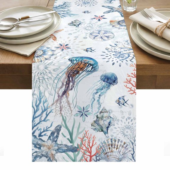 Coastal Jellyfish Table Runner - 36 Inch Long, Kitchen Dining Table Runner Dresser Scarves, Farmhouse Nautical Conch Coral Starfish Farmhouse Decor for Coffee Tables Wedding Party Banquet