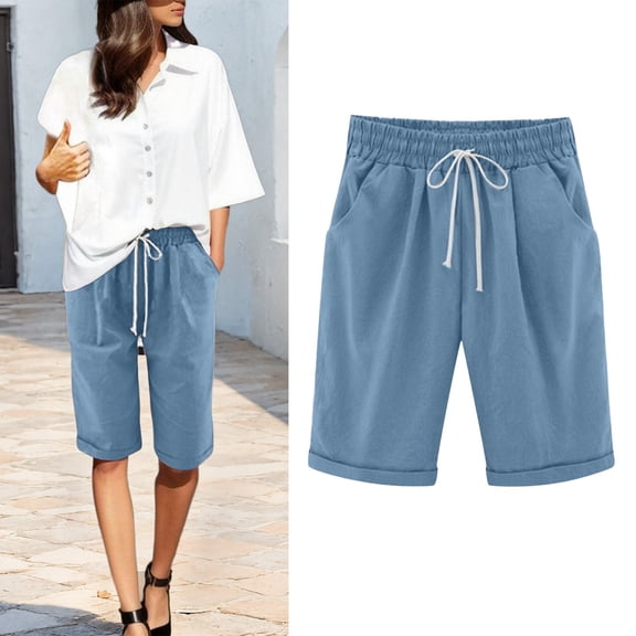 HAIJIE Shorts for Women Knee Length Long Shorts Linen Plus Size Dressy Casual Pull On with Drawstrings (#072 Blue,L)