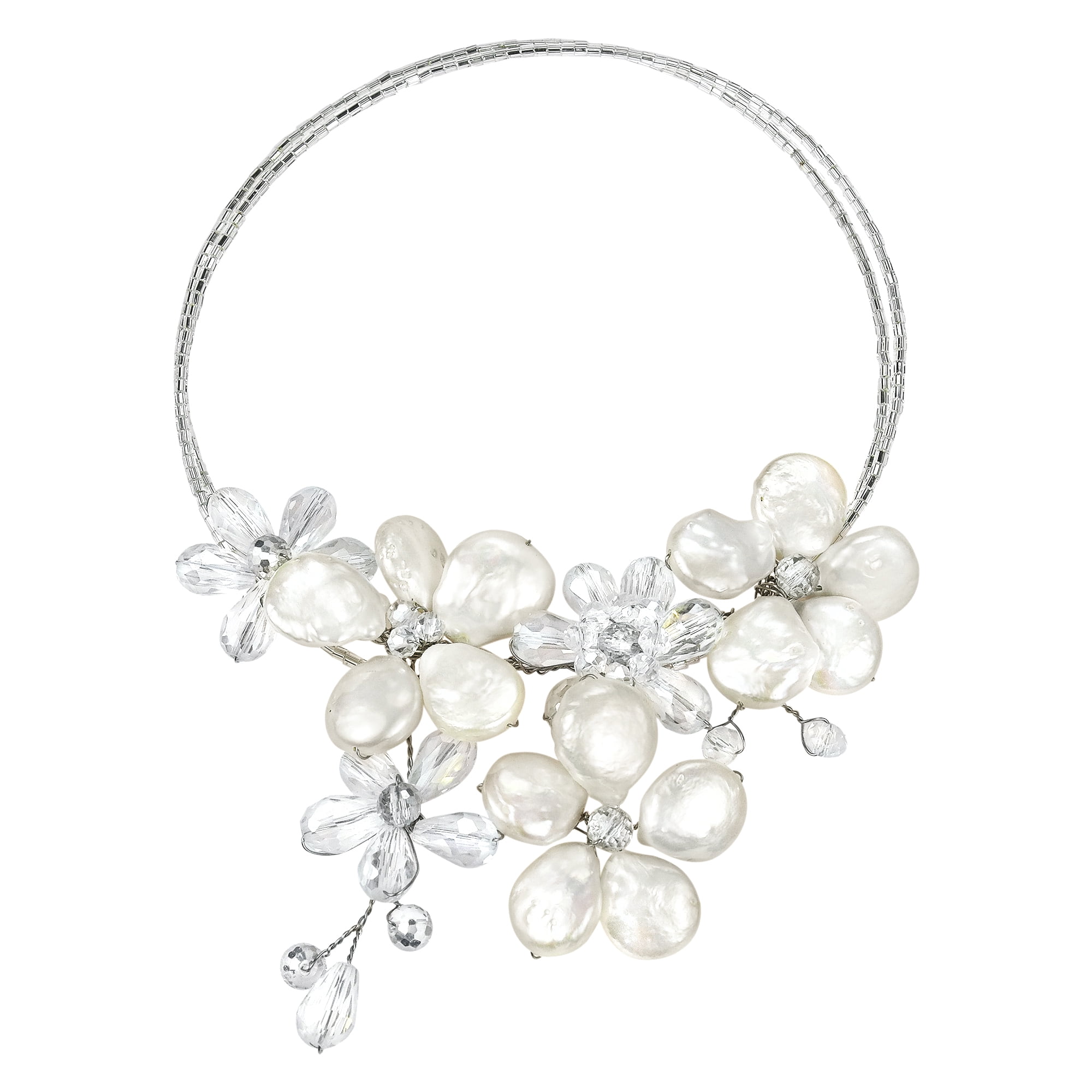 AeraVida Cascading White Lily Flowers Mother of Pearl and Bead Floral Statement Necklace 