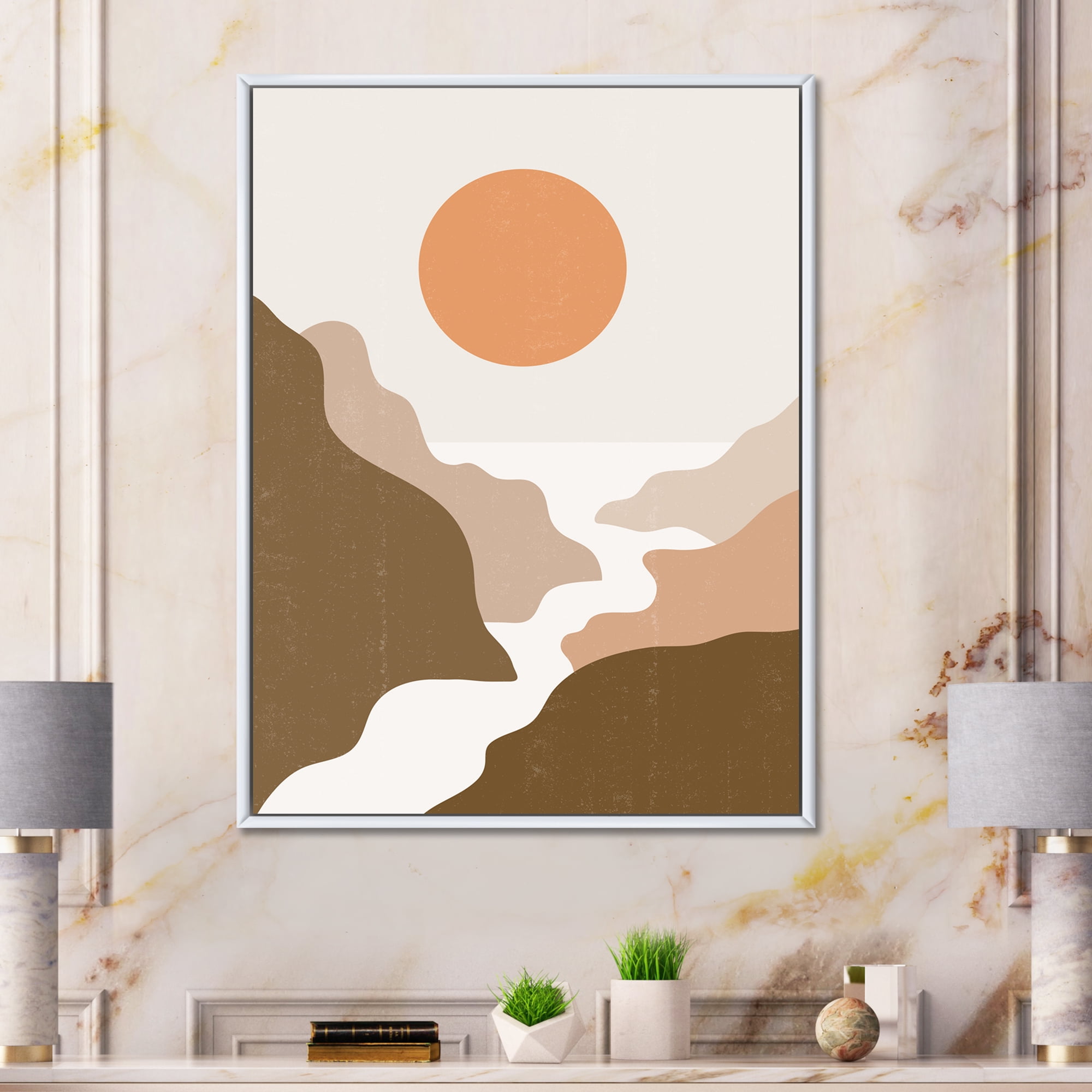 Designart 'Full Moon In Terracotta Tones Mountains' Modern Framed Canvas Wall Art Print