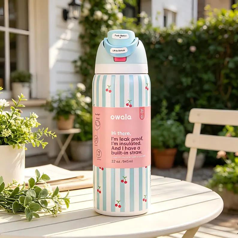 Owala FreeSip Stainless Steel Water Bottle, 32oz, Blue cherry