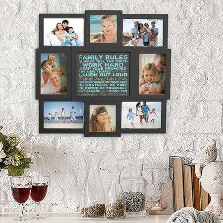 Family Rules Collage Picture Frame with 8 Openings for Six 4x6 and Two 4x4 Photos- Wall Hanging Display for Personalized Decor by Lavish Home (Best Way To Display Family Photos)
