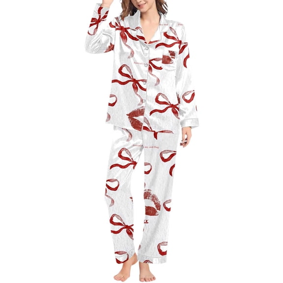 YUEHUA Valentine's Day Silk Satin Pajamas Set Women Short Sleeve Pj Sets Button Down Sleepwear 2 Piece Soft Loungewear S-XXL