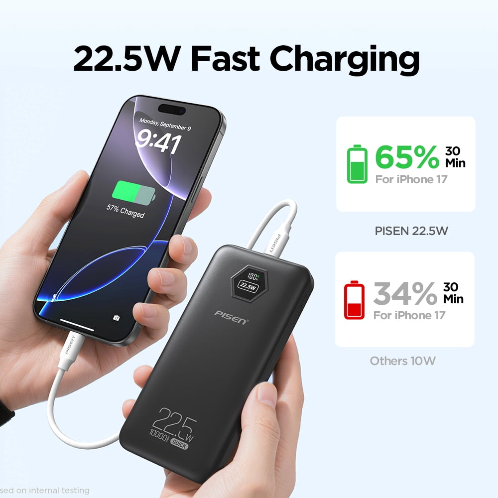 PISEN 10000mAh 3C Power Bank, 22.5W CCC Certified Power Bank, Travel Battery Pack 3C Portable Charger, Supports PD 3.0, QC 3.0, LED Display Travel Portable Charger for iPhone, Samsung and More