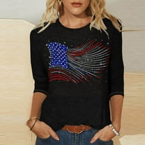 Cavosen Patriotic Clothes for Women Petite 4th of July 3/4 Sleeve Round Neck Tops USA Flag Print T Shirts Lady XL Red White and Blue Casual Shirts Funny Patriotic Tunic Tees 2025 Patriotic Outfits