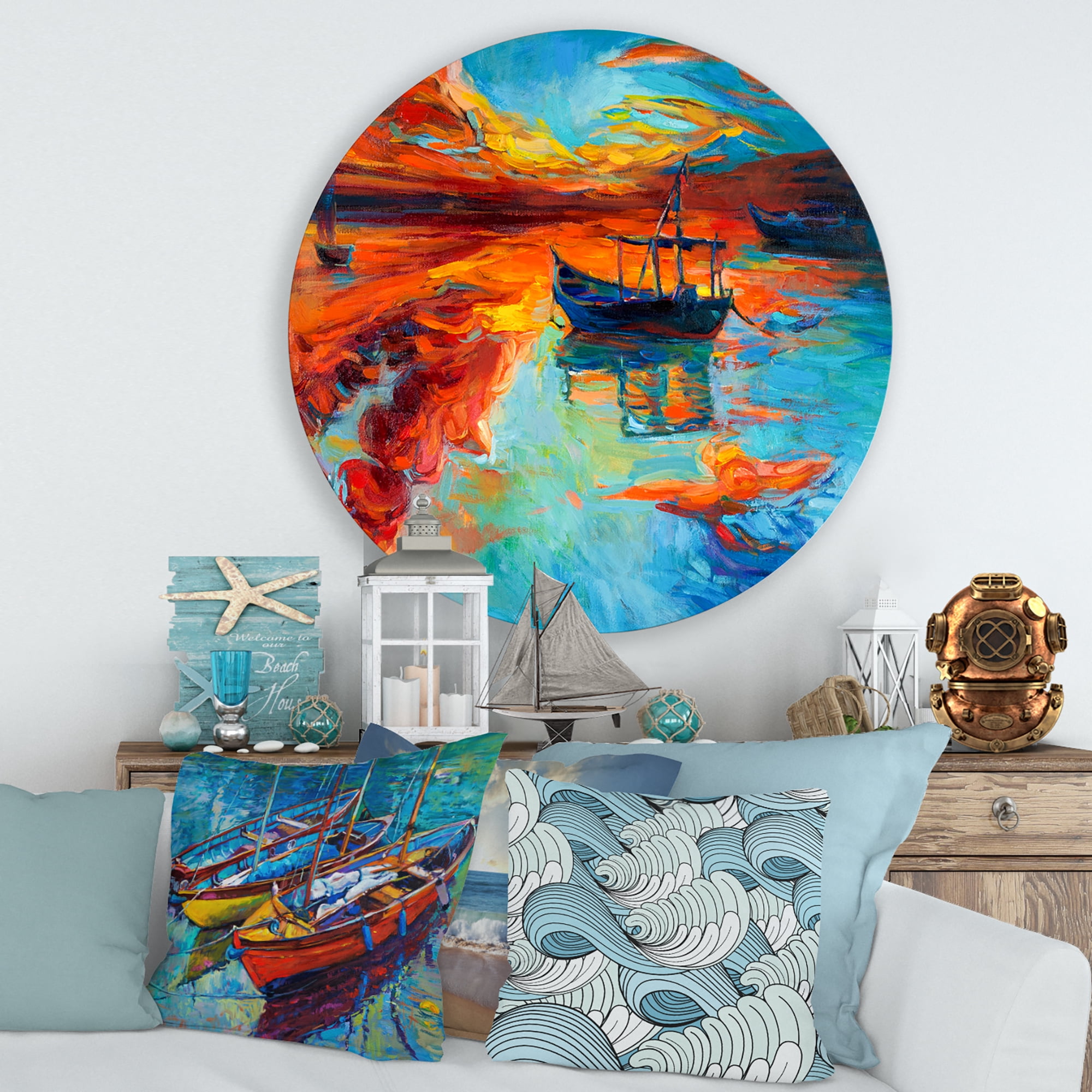 Designart 'Boat At The Lake During Evening Glow IV' Nautical & Coastal Circle Metal Wall Art 29x29 - Disc of 29