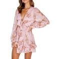 thumbnail image 2 of Franhais Female Dress, Adults Flower Print Deep V-Neck Long Sleeve Ruffled One-Piece for Ladies, S/M/L/XL, 2 of 9