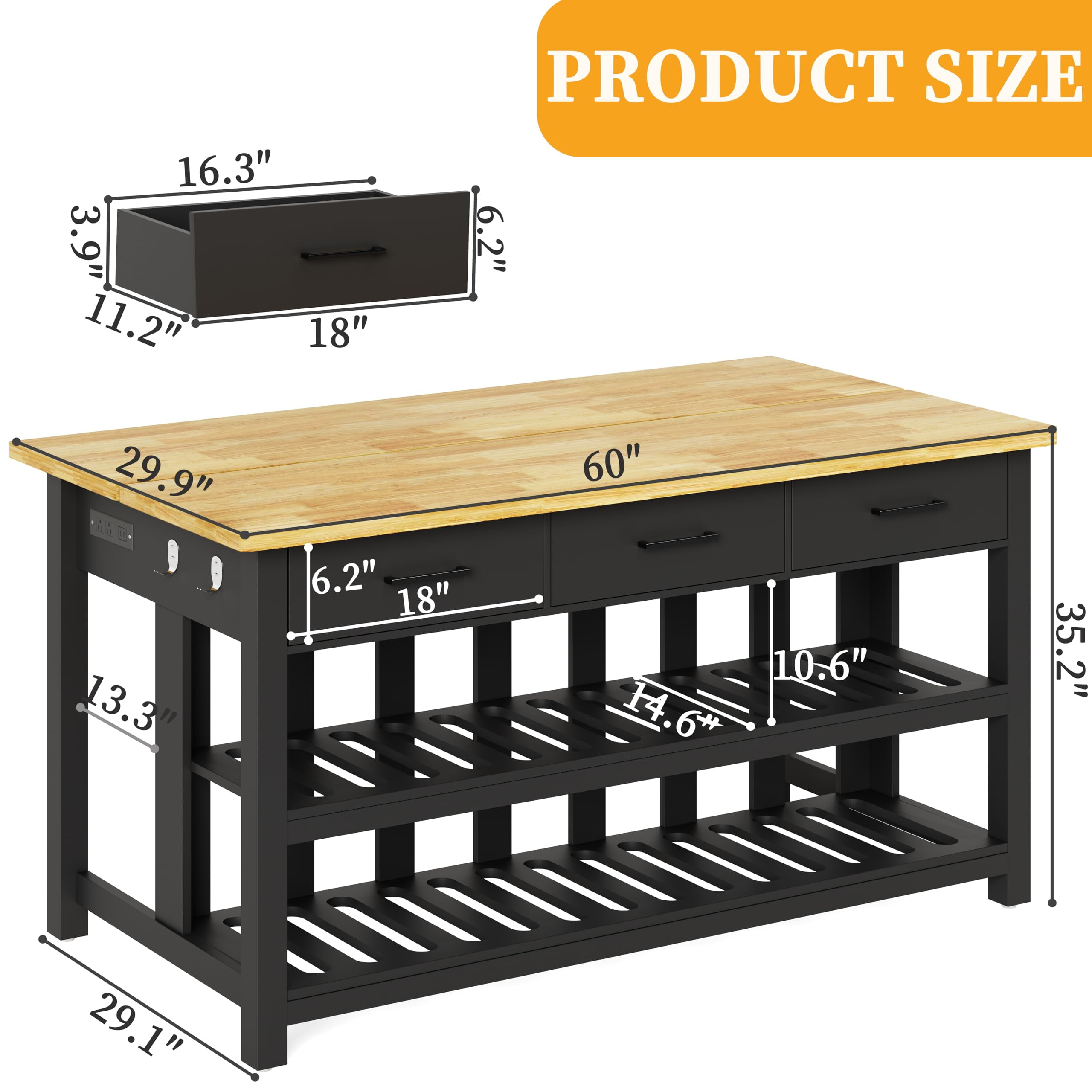ChicZhiNest Kitchen Island with Storage, 60" Solid Rubberwood Top Kitchen Island with Power Outlet and 6 Hooks, Black