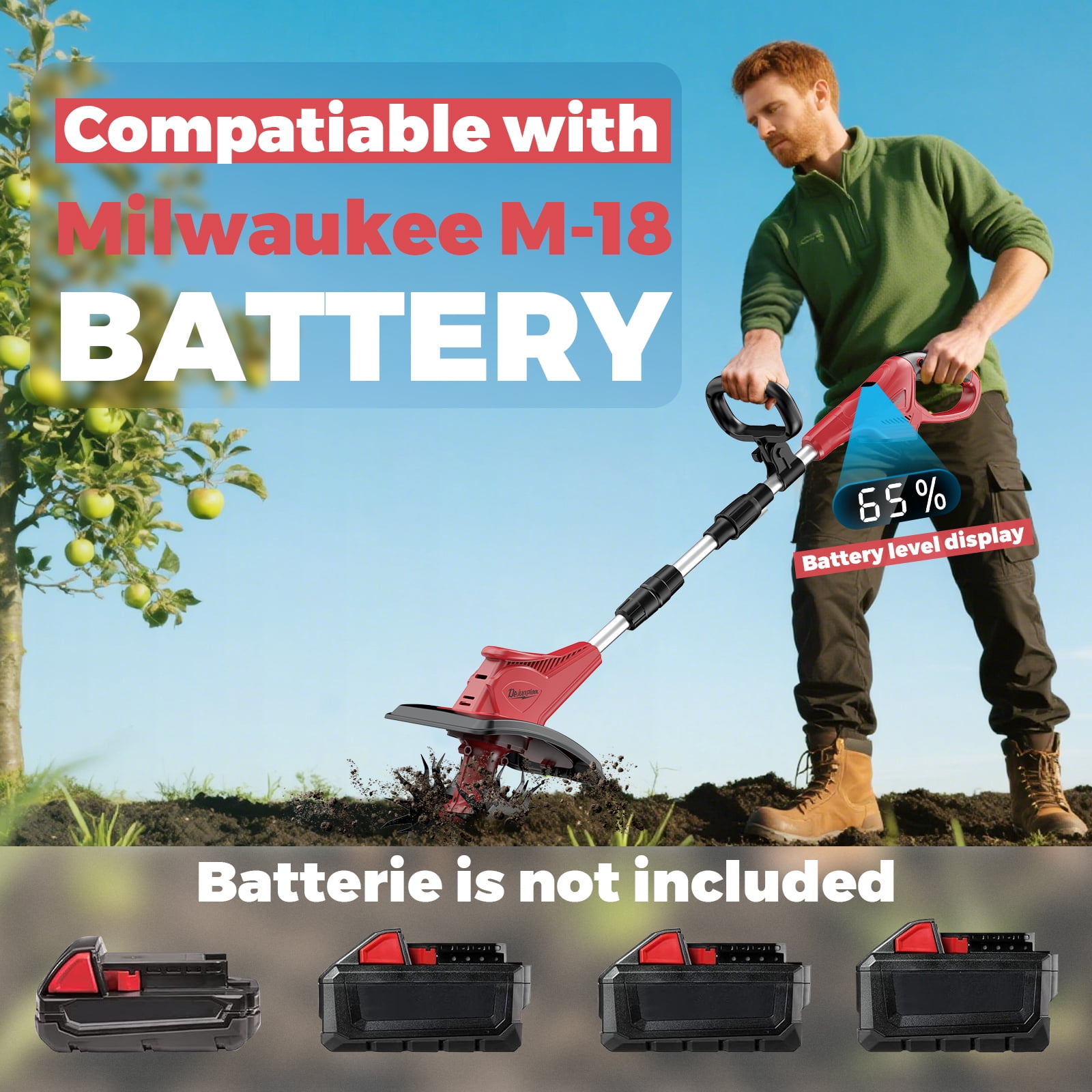 Cordless Tiller Cultivator Compatible with Milwaukee 18V Battery(Tool Only, Not battery), 310RPM Electric Rototiller Garden Tools with 40 Steel Tines, 9.1In Tilling Width & 6.3In Depth Tiller