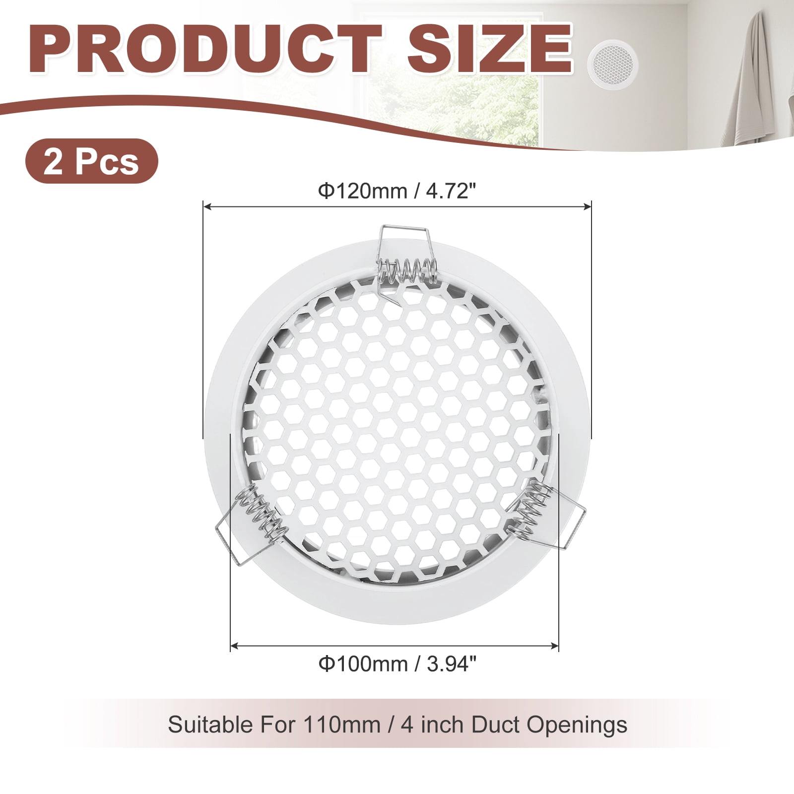 Uxcell 2 PCS Round Ceiling Vent Cover (110mm / 4" Duct Opening Size) - Aluminum Alloy Ceiling Air Grille Soffit Exhaust Vent Mesh Cover Plate for Bathroom Home Kitchen, White