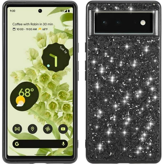 Personality Retro Shiny TPU Phone case for Google Pixel 7 6 6A Pro Back Cover Classic Bling Glamorous Shockproof Anti-Scratch Protective Shell(Black,Pixel 6 Pro)