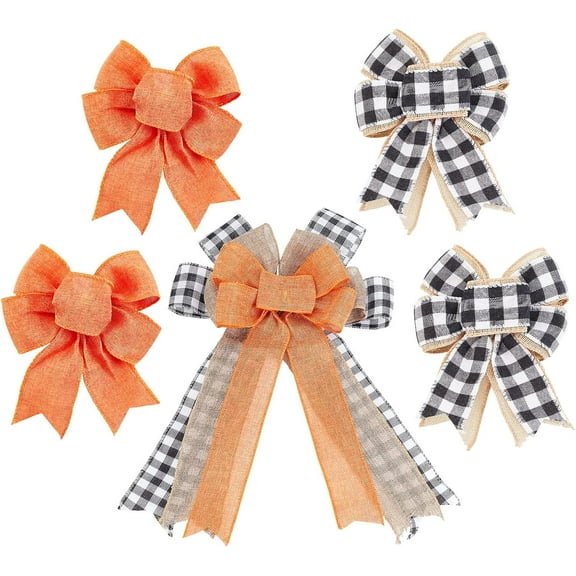 5Pcs 3 Styles Thanksgiving Bows for Wreaths Decorations Black White Plaid Orange Gift Bows for Fall Thanksgiving Party Indoor Outdoor Door Wall Decoration Supplies 45mm 175mm