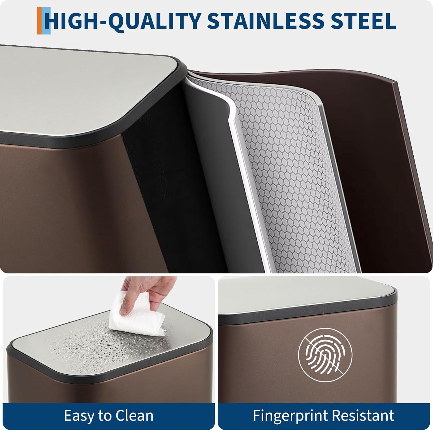 Bathroom Trash Can, 3.2 gal Stainless Steel Garbage Can with Lid, Rectangular Small Step Waste Bin with Foot Pedal & Removable Inner Bucket for Kitchen Bedroom Restroom (Matte Brown)
