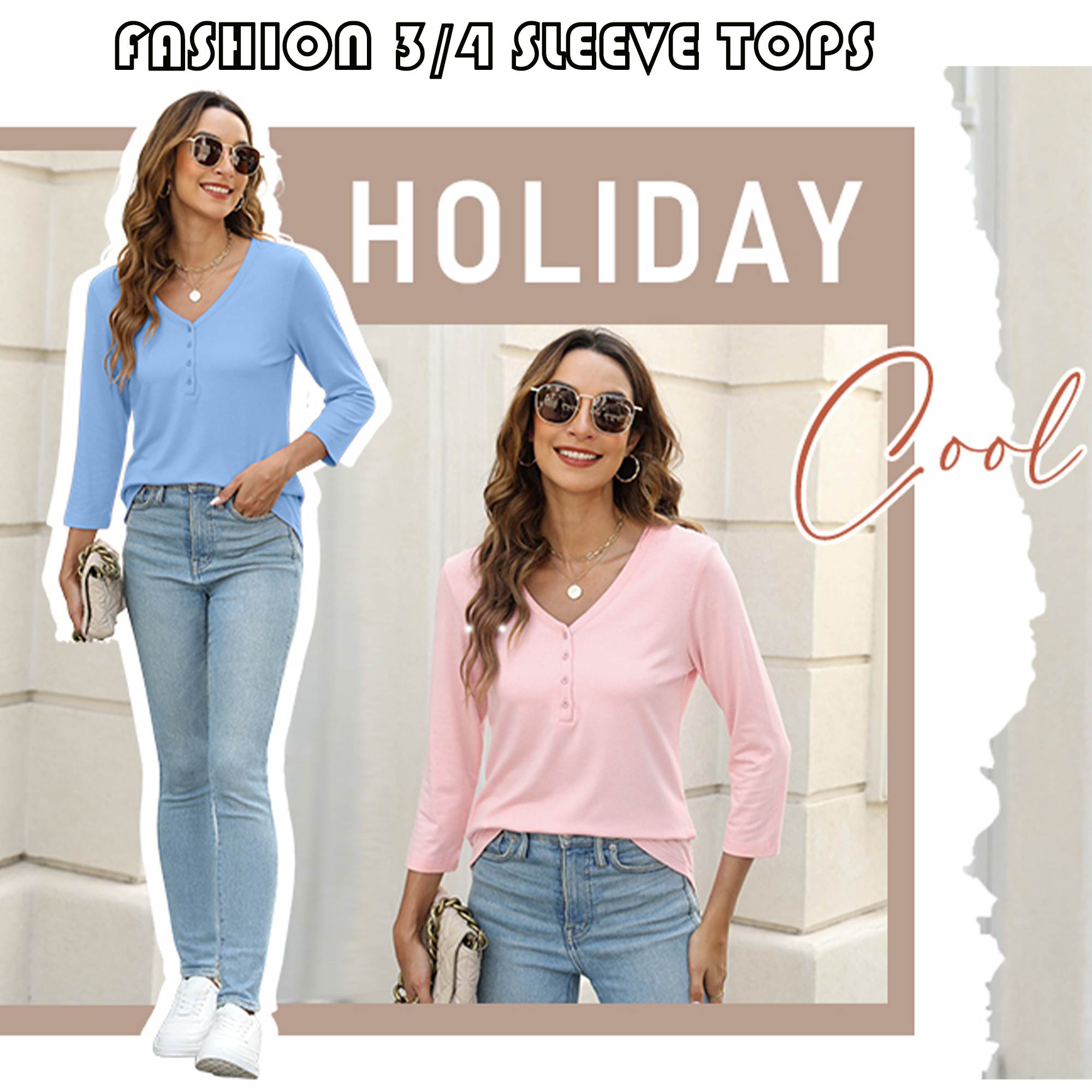 VDJ Women's V-Neck Button-Up 3/4 Sleeve Top, Pink photo 3