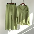 thumbnail image 3 of Harpily Trousers Suit Women Casual Solid Retro Plus Size Cotton Button Shirt High Waist Loose Pocket Long Pant Suit Army Green Green L, 3 of 5