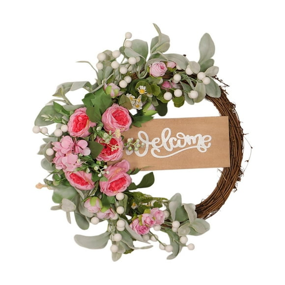 15.8Inch Flocked Lambs Ear Wreath Spring And Everyday Lambs Leaves Wreath Greenery Wreath With Penoy Flowers Grapevine Wreath For Indoor And Outdoor Heart Door Wreath Christmas Door Wreath with Lights