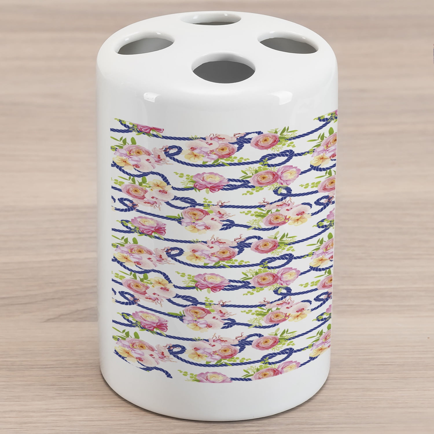 Navy and Blush Ceramic Toothbrush Holder, Twisted Blue Marine Rope and