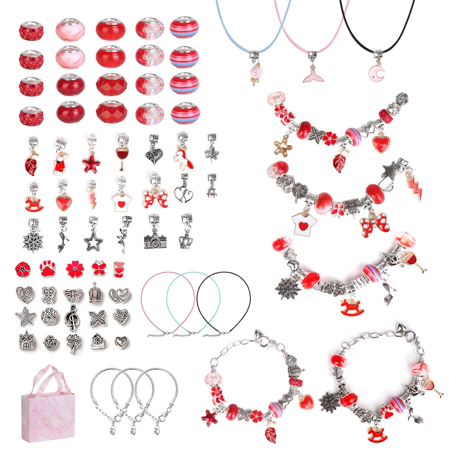 DIY Charm Bracelet Making Kit 66Pcs Jewelry Making Kit Perfect Crafts Gifts Birthday with Gift Box for Girls  5 6 7 8 9 10 11 12 Years Old Red