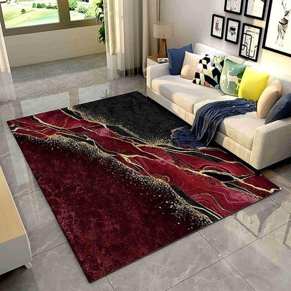 Abstract Red Black Marble Area Rug, Luxury Black Gold Stone Texture Bedroom Rug, Soft Breathable Rugs For Home Decorative, Non Slip Washable Rug For Indoor Living Room 3x4ft