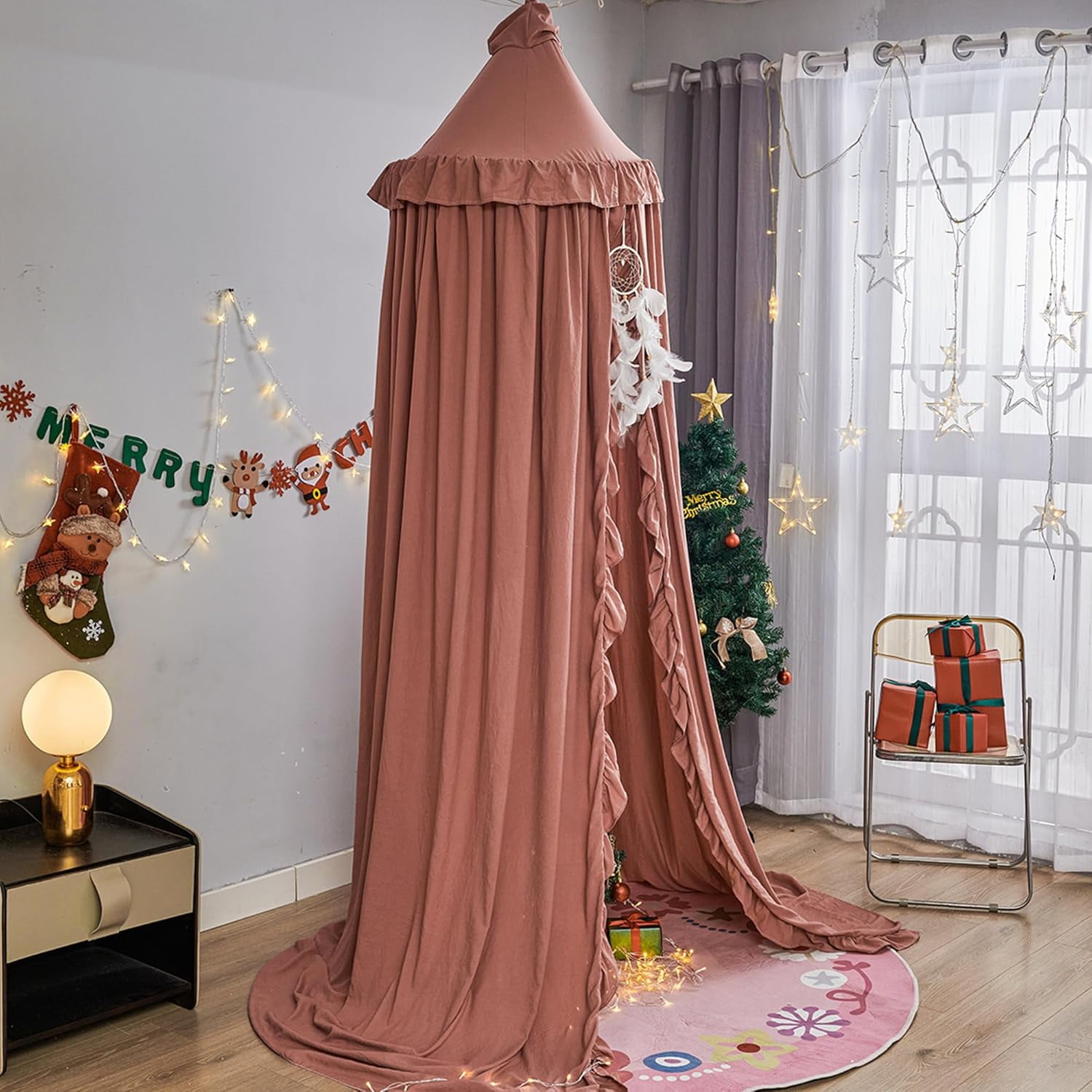 Bed Canopy for with Lights,Double Layer Princess Round Dome Dreamy Mosquito Net Bedding Girls Room Castle Play Tent Hanging House Decor Reading Nook Canopies(Gray/White)