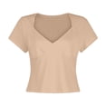thumbnail image 7 of Women's V Neck Short Sleeve Tops With Built-in Seamed Cup And Double Lined Featuring Fitted Cropped Cut Beige L, 7 of 7