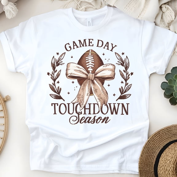 Game Day Touchdown Season Shirt | Retro Football Bow Tee for Women, White, Size S