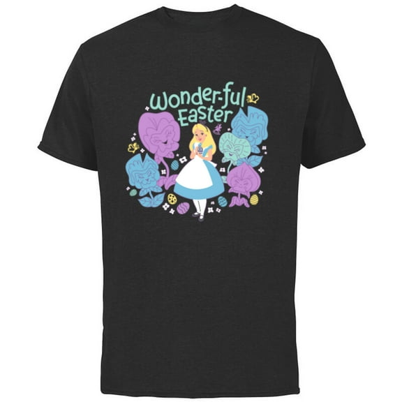 Disney Alice in Wonderland Spring Flowers Wonder-ful Easter - Short Sleeve Cotton T-Shirt for Adults - Customized-Black