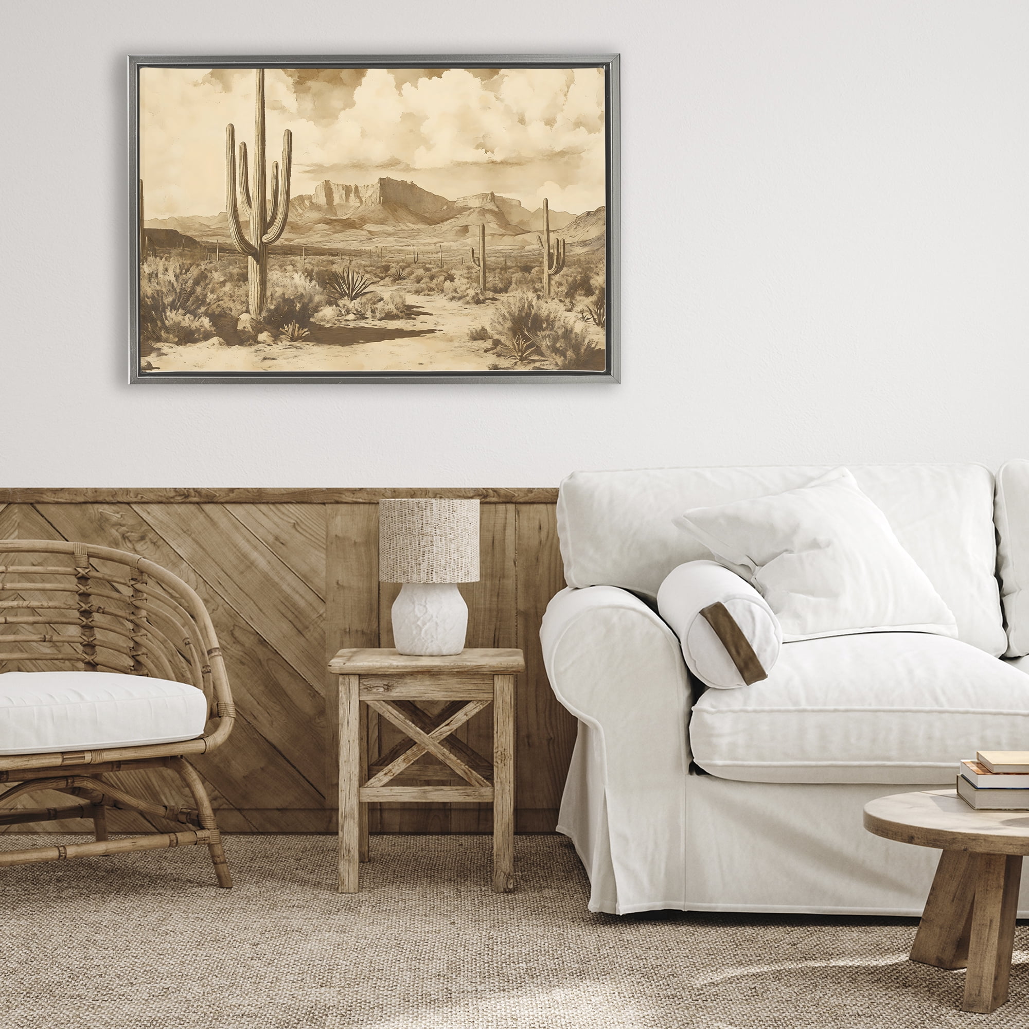 Stupell Industries Vintage Desert Peaks with Saguaro Gray Framed Floater Canvas Wall Art, design by Franklyn Gregory