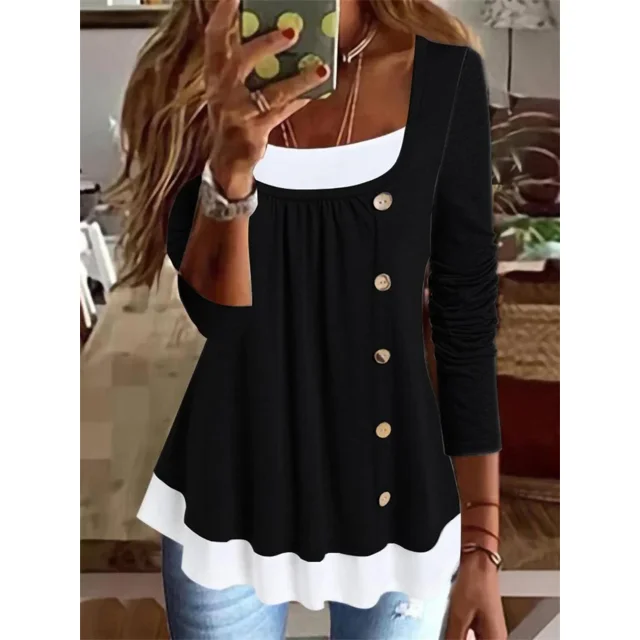 Camiseta informal de empalme con botones para mujer, jersey de cuello redondo de moda, camisetas de algodón de manga larga fruncidas, Tops sueltos, ropa femenina