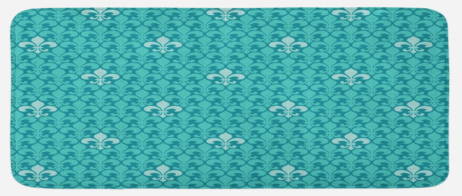 Turquoise Kitchen Mat, Fleur De Lis Pattern Lily Ornate Medieval Interior Monochromic Art, Plush